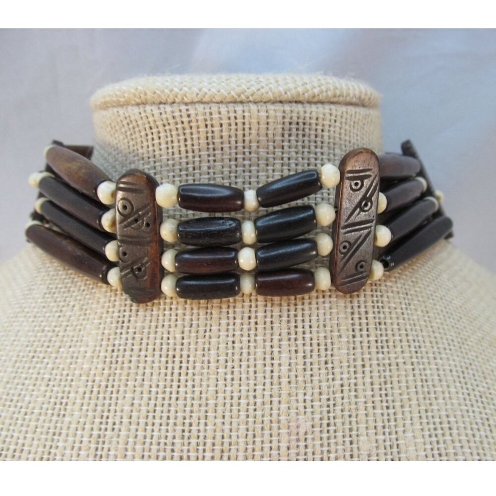 4 Strand Southwestern Brown Bone and Wood Tribal Choker